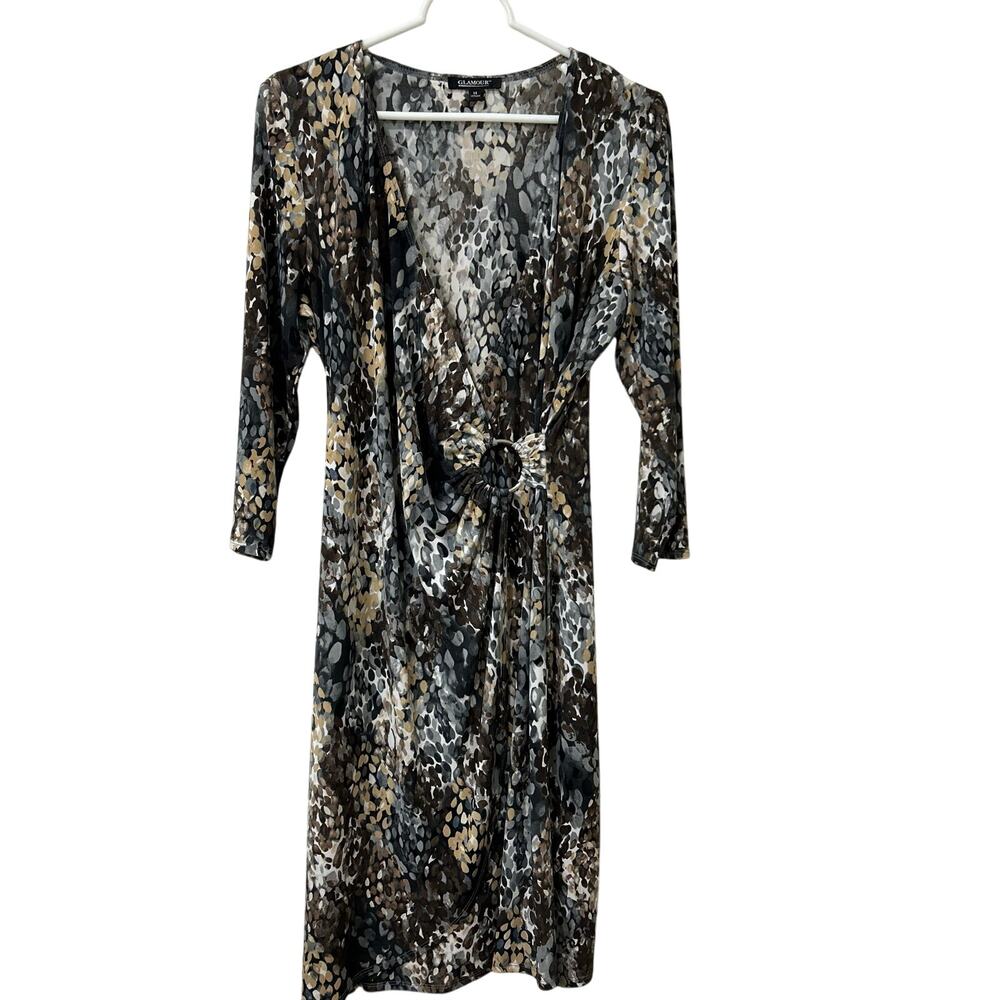 Glamour NWT Womens Size 14 Gray & Brown Patterned Faux Wrap Dress O-Ring Career